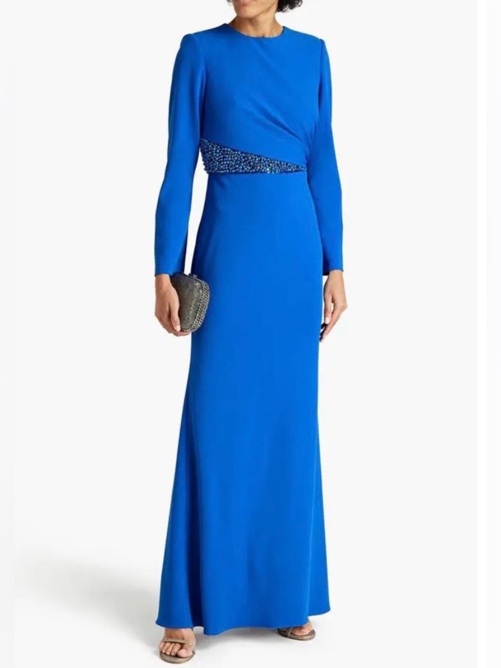 Badgley Mischka Royal Embellished Gathered Stretch-Crepe Gown Sz 4